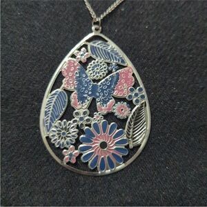 Silver Tone Pink and Blue Enamel Teardrop Shaped Pendant Statement Necklace